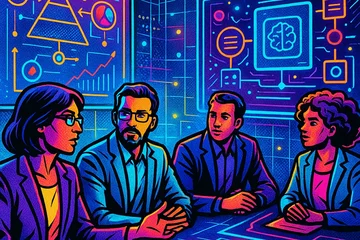 A conference room with people engaged in discussion, surrounded by charts and diagrams of AI deployment challenges, alongside a large digital screen displaying standardized definitions and frameworks., in a vibrant futuristic comic book style, featuring bold black outlines, halftone shading, bright neon colors, glowing holographic interface elements, dynamic lighting, and digital grid backgrounds, inspired by cyberpunk and pop art aesthetics, no words, no typography, no writing anywhere