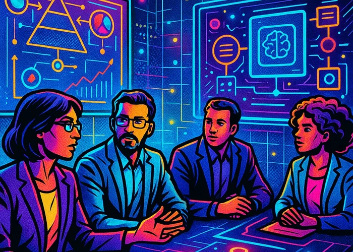 A conference room with people engaged in discussion, surrounded by charts and diagrams of AI deployment challenges, alongside a large digital screen displaying standardized definitions and frameworks., in a vibrant futuristic comic book style, featuring bold black outlines, halftone shading, bright neon colors, glowing holographic interface elements, dynamic lighting, and digital grid backgrounds, inspired by cyberpunk and pop art aesthetics, no words, no typography, no writing anywhere