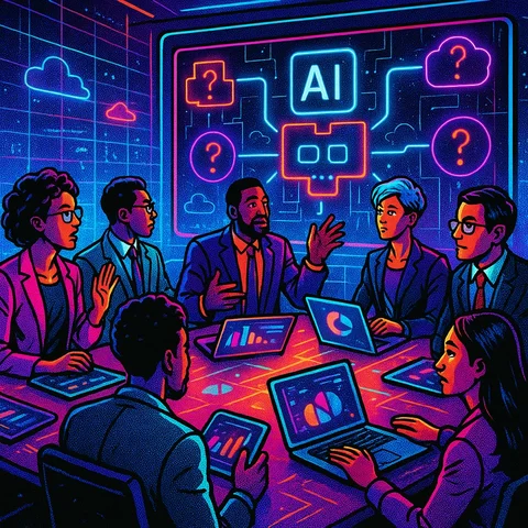 A conference room filled with diverse professionals discussing a large digital display showing a diagram of AI systems with highlighted gaps and question marks, surrounded by laptops and tablets displaying data charts., in a vibrant futuristic comic book style, featuring bold black outlines, halftone shading, bright neon colors, glowing holographic interface elements, dynamic lighting, and digital grid backgrounds, inspired by cyberpunk and pop art aesthetics, no words, no typography, no writing anywhere