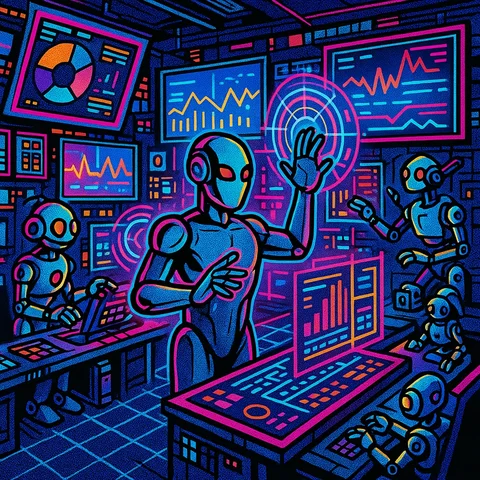 A futuristic control room filled with screens displaying data, an AI agent interacting with multiple holographic interfaces, surrounded by robotic assistants performing various tasks., in a vibrant futuristic comic book style, featuring bold black outlines, halftone shading, bright neon colors, glowing holographic interface elements, dynamic lighting, and digital grid backgrounds, inspired by cyberpunk and pop art aesthetics, no words, no typography, no writing anywhere