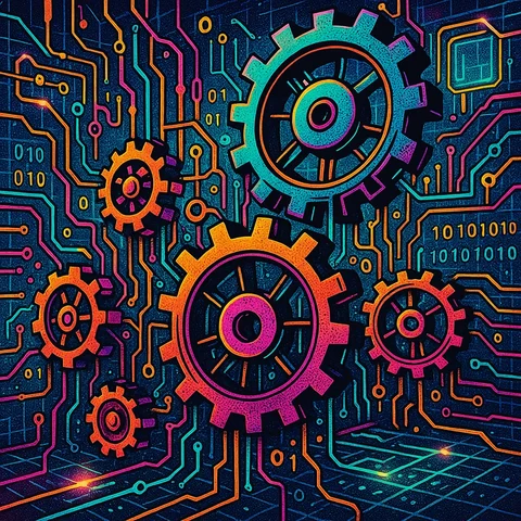 A complex network of gears and cogs interconnected with digital circuits and binary code, symbolizing the intricate mechanisms and constraints of artificial intelligence, set against the backdrop of a vast, abstract digital landscape., in a vibrant futuristic comic book style, featuring bold black outlines, halftone shading, bright neon colors, glowing holographic interface elements, dynamic lighting, and digital grid backgrounds, inspired by cyberpunk and pop art aesthetics, no words, no typography, no writing anywhere