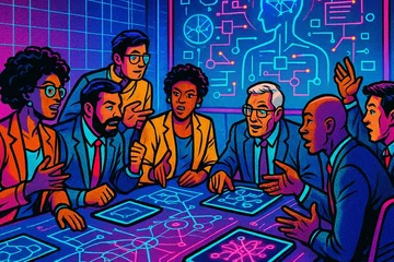 A conference room filled with diverse professionals from different fields, engaged in animated discussion around a large table strewn with blueprints, digital tablets displaying AI models, and interconnected diagrams, with a large screen showing a collaborative AI design process., in a vibrant futuristic comic book style, featuring bold black outlines, halftone shading, bright neon colors, glowing holographic interface elements, dynamic lighting, and digital grid backgrounds, inspired by cyberpunk and pop art aesthetics, no words, no typography, no writing anywhere