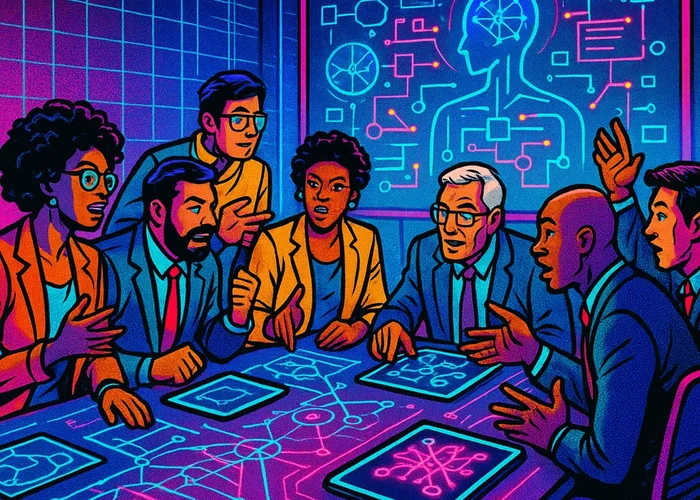 A conference room filled with diverse professionals from different fields, engaged in animated discussion around a large table strewn with blueprints, digital tablets displaying AI models, and interconnected diagrams, with a large screen showing a collaborative AI design process., in a vibrant futuristic comic book style, featuring bold black outlines, halftone shading, bright neon colors, glowing holographic interface elements, dynamic lighting, and digital grid backgrounds, inspired by cyberpunk and pop art aesthetics, no words, no typography, no writing anywhere