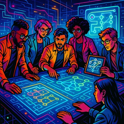 A collaborative workspace with diverse professionals from different fields gathered around a large table covered with blueprints and digital screens displaying AI algorithms, machine learning models, and symbolic logic diagrams., in a vibrant futuristic comic book style, featuring bold black outlines, halftone shading, bright neon colors, glowing holographic interface elements, dynamic lighting, and digital grid backgrounds, inspired by cyberpunk and pop art aesthetics, no words, no typography, no writing anywhere