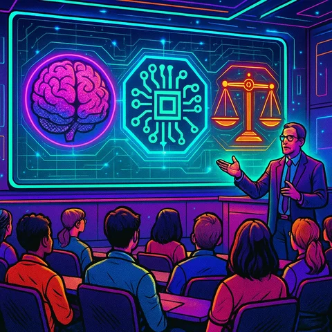 A university lecture hall with students attentively listening to a professor who is presenting a large screen displaying interconnected symbols of computer science, ethics, and psychology, such as a brain, circuit board, and scales of justice., in a vibrant futuristic comic book style, featuring bold black outlines, halftone shading, bright neon colors, glowing holographic interface elements, dynamic lighting, and digital grid backgrounds, inspired by cyberpunk and pop art aesthetics, no words, no typography, no writing anywhere