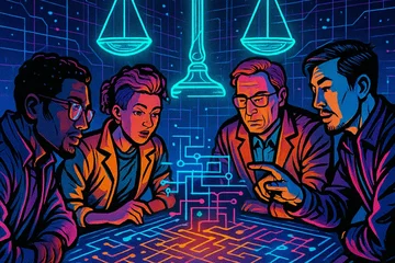 A group of diverse individuals gathered around a large table with digital screens displaying complex algorithms, while a holographic representation of a balance scale hovers above, symbolizing the integration of ethical frameworks into AI systems., in a vibrant futuristic comic book style, featuring bold black outlines, halftone shading, bright neon colors, glowing holographic interface elements, dynamic lighting, and digital grid backgrounds, inspired by cyberpunk and pop art aesthetics, no words, no typography, no writing anywhere