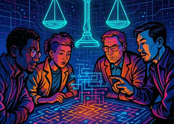 A group of diverse individuals gathered around a large table with digital screens displaying complex algorithms, while a holographic representation of a balance scale hovers above, symbolizing the integration of ethical frameworks into AI systems., in a vibrant futuristic comic book style, featuring bold black outlines, halftone shading, bright neon colors, glowing holographic interface elements, dynamic lighting, and digital grid backgrounds, inspired by cyberpunk and pop art aesthetics, no words, no typography, no writing anywhere