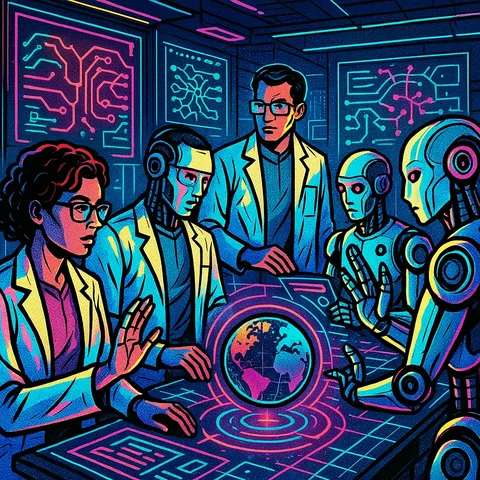 A futuristic laboratory featuring advanced AI robots collaborating with scientists, surrounded by digital screens displaying complex algorithms and ethical guidelines, with a globe in the background symbolizing global impact., in a vibrant futuristic comic book style, featuring bold black outlines, halftone shading, bright neon colors, glowing holographic interface elements, dynamic lighting, and digital grid backgrounds, inspired by cyberpunk and pop art aesthetics, no words, no typography, no writing anywhere