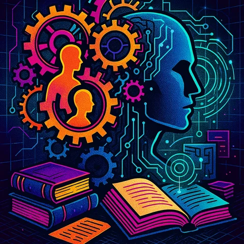 A complex network of gears and circuit boards intertwined with human silhouettes, symbolizing the integration of ethics in artificial intelligence, surrounded by books and legal documents., in a vibrant futuristic comic book style, featuring bold black outlines, halftone shading, bright neon colors, glowing holographic interface elements, dynamic lighting, and digital grid backgrounds, inspired by cyberpunk and pop art aesthetics, no words, no typography, no writing anywhere