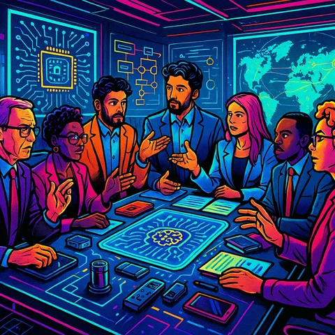 A futuristic conference room filled with diverse experts discussing AI ethics, featuring digital screens displaying complex algorithms, flowcharts, and global maps, with a central table covered in various tech gadgets and documents., in a vibrant futuristic comic book style, featuring bold black outlines, halftone shading, bright neon colors, glowing holographic interface elements, dynamic lighting, and digital grid backgrounds, inspired by cyberpunk and pop art aesthetics, no words, no typography, no writing anywhere