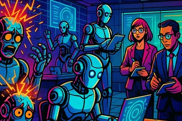 A group of AI-driven robots in a modern office setting, some malfunctioning while others perform tasks efficiently, with people observing and taking notes., in a vibrant futuristic comic book style, featuring bold black outlines, halftone shading, bright neon colors, glowing holographic interface elements, dynamic lighting, and digital grid backgrounds, inspired by cyberpunk and pop art aesthetics, no words, no typography, no writing anywhere