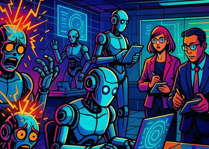 A group of AI-driven robots in a modern office setting, some malfunctioning while others perform tasks efficiently, with people observing and taking notes., in a vibrant futuristic comic book style, featuring bold black outlines, halftone shading, bright neon colors, glowing holographic interface elements, dynamic lighting, and digital grid backgrounds, inspired by cyberpunk and pop art aesthetics, no words, no typography, no writing anywhere