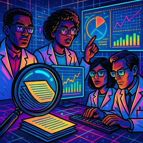 A diverse group of scientists analyzing data on multiple screens, with graphs and statistics displayed, and a large magnifying glass hovering over a stack of documents., in a vibrant futuristic comic book style, featuring bold black outlines, halftone shading, bright neon colors, glowing holographic interface elements, dynamic lighting, and digital grid backgrounds, inspired by cyberpunk and pop art aesthetics, no words, no typography, no writing anywhere