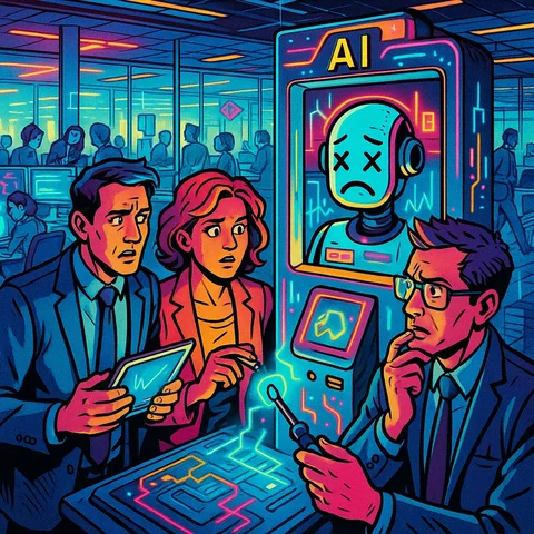 A modern office setting with a malfunctioning customer service AI terminal displaying incorrect information, employees gathered around looking confused and holding diagnostic tools, and a backdrop of busy office activity., in a vibrant futuristic comic book style, featuring bold black outlines, halftone shading, bright neon colors, glowing holographic interface elements, dynamic lighting, and digital grid backgrounds, inspired by cyberpunk and pop art aesthetics, no words, no typography, no writing anywhere