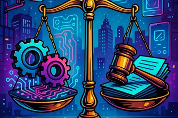 A scale balancing a set of gears and circuits on one side and legal documents and a gavel on the other, with a backdrop of a cityscape featuring surveillance cameras and digital devices., in a vibrant futuristic comic book style, featuring bold black outlines, halftone shading, bright neon colors, glowing holographic interface elements, dynamic lighting, and digital grid backgrounds, inspired by cyberpunk and pop art aesthetics, no words, no typography, no writing anywhere