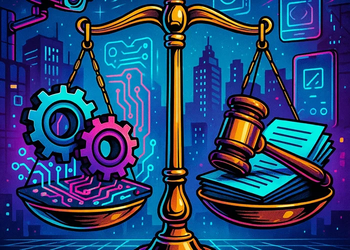 A scale balancing a set of gears and circuits on one side and legal documents and a gavel on the other, with a backdrop of a cityscape featuring surveillance cameras and digital devices., in a vibrant futuristic comic book style, featuring bold black outlines, halftone shading, bright neon colors, glowing holographic interface elements, dynamic lighting, and digital grid backgrounds, inspired by cyberpunk and pop art aesthetics, no words, no typography, no writing anywhere