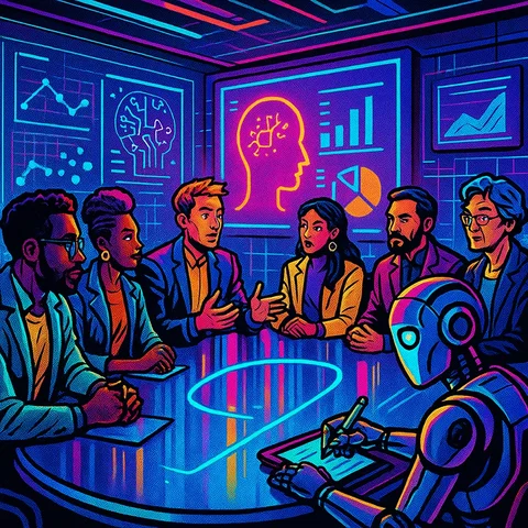 A futuristic conference room filled with diverse individuals engaged in a discussion, large screens displaying data and charts related to AI ethics, and a robotic assistant taking notes., in a vibrant futuristic comic book style, featuring bold black outlines, halftone shading, bright neon colors, glowing holographic interface elements, dynamic lighting, and digital grid backgrounds, inspired by cyberpunk and pop art aesthetics, no words, no typography, no writing anywhere