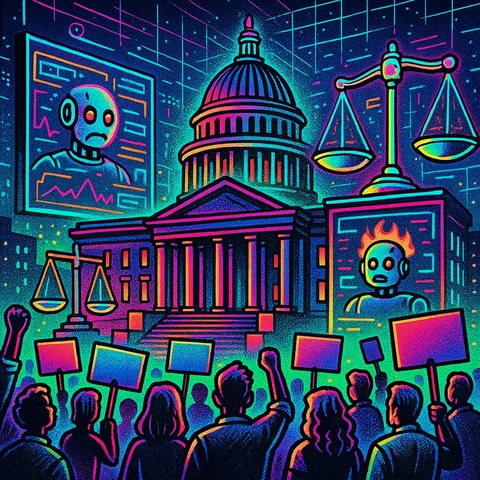 A government building surrounded by scales of justice, digital screens displaying news of AI mishaps, and people protesting with signs about AI governance., in a vibrant futuristic comic book style, featuring bold black outlines, halftone shading, bright neon colors, glowing holographic interface elements, dynamic lighting, and digital grid backgrounds, inspired by cyberpunk and pop art aesthetics, no words, no typography, no writing anywhere