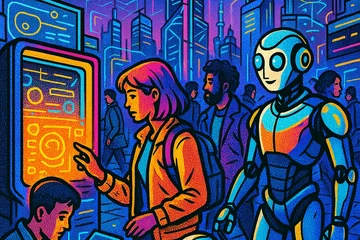 A busy urban environment with futuristic AI-powered robots assisting people, digital interfaces integrated into everyday objects, and a skyline featuring advanced technology structures., in a vibrant futuristic comic book style, featuring bold black outlines, halftone shading, bright neon colors, glowing holographic interface elements, dynamic lighting, and digital grid backgrounds, inspired by cyberpunk and pop art aesthetics, no words, no typography, no writing anywhere