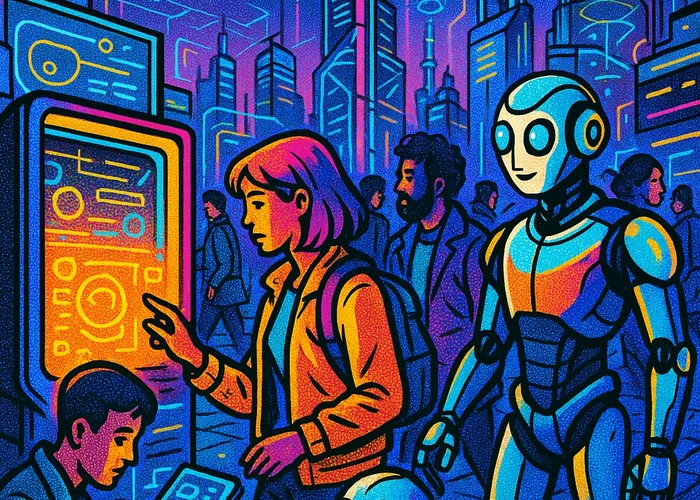 A busy urban environment with futuristic AI-powered robots assisting people, digital interfaces integrated into everyday objects, and a skyline featuring advanced technology structures., in a vibrant futuristic comic book style, featuring bold black outlines, halftone shading, bright neon colors, glowing holographic interface elements, dynamic lighting, and digital grid backgrounds, inspired by cyberpunk and pop art aesthetics, no words, no typography, no writing anywhere