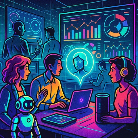 A dynamic scene of a modern office filled with various AI devices, people engaging with virtual assistants, and screens displaying real-time data analytics, illustrating the interaction between humans and AI technology., in a vibrant futuristic comic book style, featuring bold black outlines, halftone shading, bright neon colors, glowing holographic interface elements, dynamic lighting, and digital grid backgrounds, inspired by cyberpunk and pop art aesthetics, no words, no typography, no writing anywhere