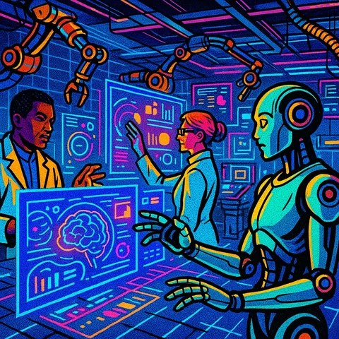 A futuristic laboratory filled with advanced robotic arms and digital interfaces, researchers examining holographic data displays, and AI agents navigating complex tasks., in a vibrant futuristic comic book style, featuring bold black outlines, halftone shading, bright neon colors, glowing holographic interface elements, dynamic lighting, and digital grid backgrounds, inspired by cyberpunk and pop art aesthetics, no words, no typography, no writing anywhere