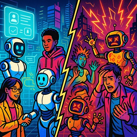 A divided landscape with successful AI agents assisting people efficiently on one side, and malfunctioning AI causing chaos and frustration on the other, set against a backdrop of a modern urban environment., in a vibrant futuristic comic book style, featuring bold black outlines, halftone shading, bright neon colors, glowing holographic interface elements, dynamic lighting, and digital grid backgrounds, inspired by cyberpunk and pop art aesthetics, no words, no typography, no writing anywhere