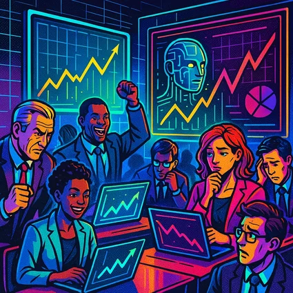 A conference room filled with diverse professionals examining various digital screens displaying graphs and charts, some screens showing successful AI deployments while others depict system failures, with expressions of both triumph and concern on the participants' faces., in a vibrant futuristic comic book style, featuring bold black outlines, halftone shading, bright neon colors, glowing holographic interface elements, dynamic lighting, and digital grid backgrounds, inspired by cyberpunk and pop art aesthetics, no words, no typography, no writing anywhere